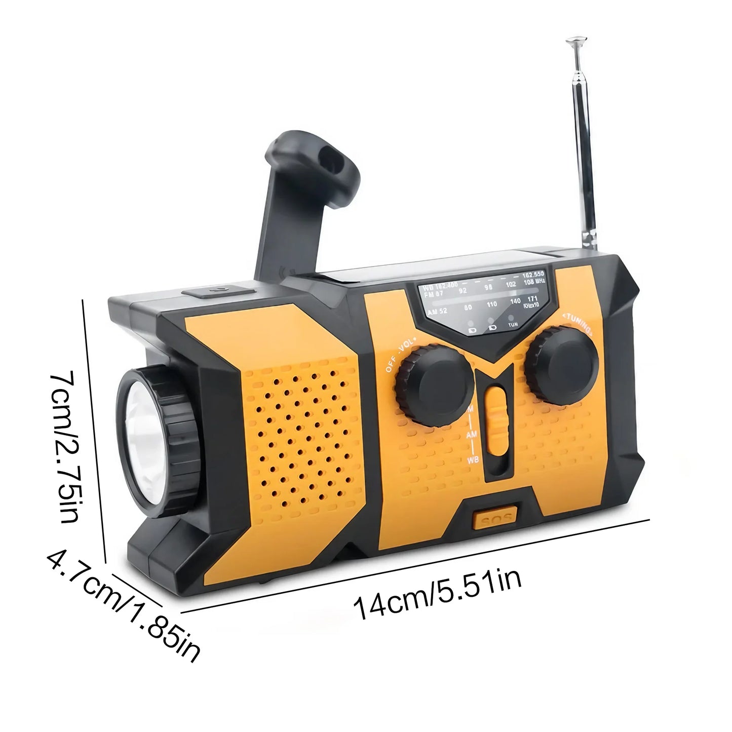 Radio d'urgence compacte solaire & dynamo avec SOS, LED et chargeur