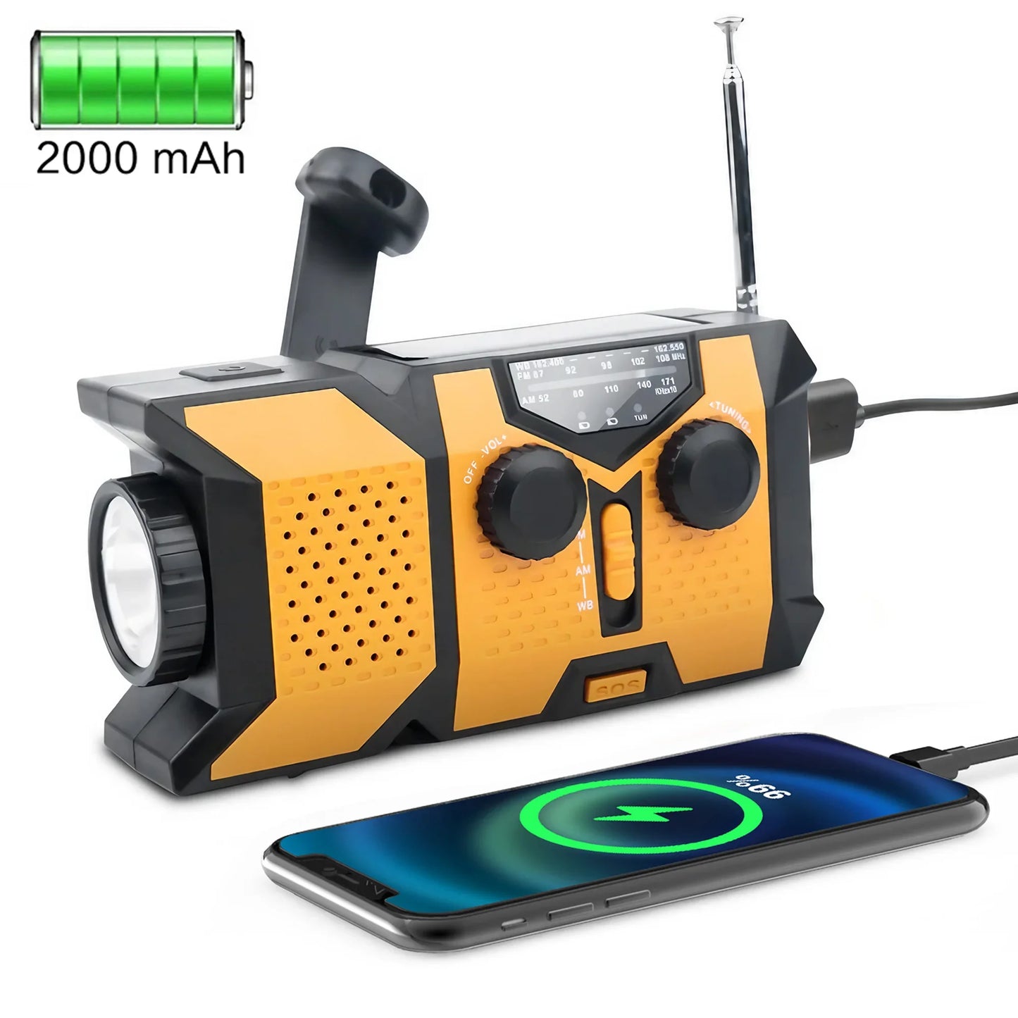 Radio d'urgence compacte solaire & dynamo avec SOS, LED et chargeur